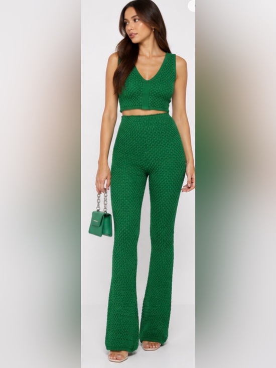 Maniere De Voir Pants - Maniere De Voir Emerald Green Bubble Knit Flare Pants XS Textured